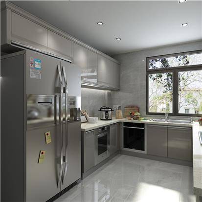 Modern gray glossy kitchen cabinets furniture design custom made high gloss finish light grey modular kitchen cabinet  HS-KC254