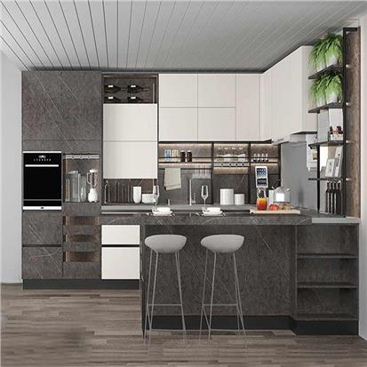 Free design custom modern full sets dark gray uv coating sheet mdf wood kitchen cabinet with quartz  HS-KC206