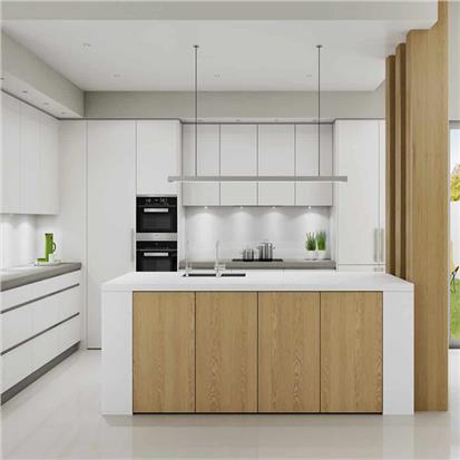 Luxury house project high pressure laminates wooden cabinets furniture modern white melamine flat panel kitchen cabinet designs  HS-KC58