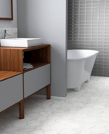 Modern bathroom with curbless shower and hexagon tiles on Craiyon